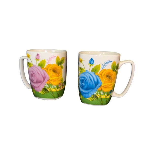 Set Of 2 Floral Ceramic Mugs With Blue & Yellow Rose Design - Picture 1 of 11